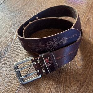 Vintage Ed Hardy Dark Brown Leather Belt Sz Medium “ love kills slowly” print